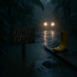 Starker Regen im australischen Regenwald: Camp-Schild halb im Wasser, Gummistiefel im Schlamm, Blutegel auf nassem Stein – Symbolbild zum Startchaos von I’m A Celebrity 2025