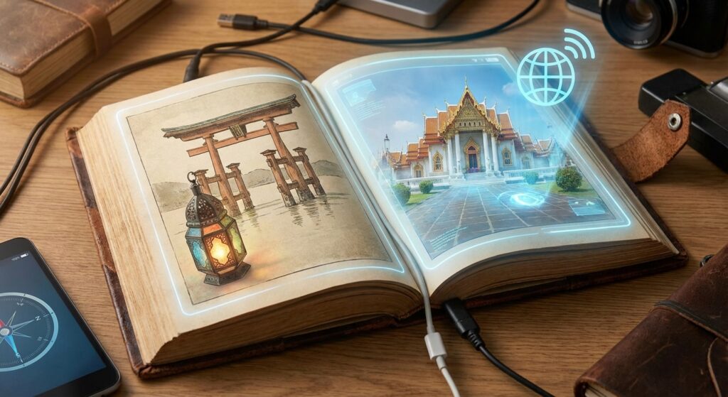 Symbolisches Bild eines modernen Reiseführers mit kulturellen Symbolen und digitalem Einfluss