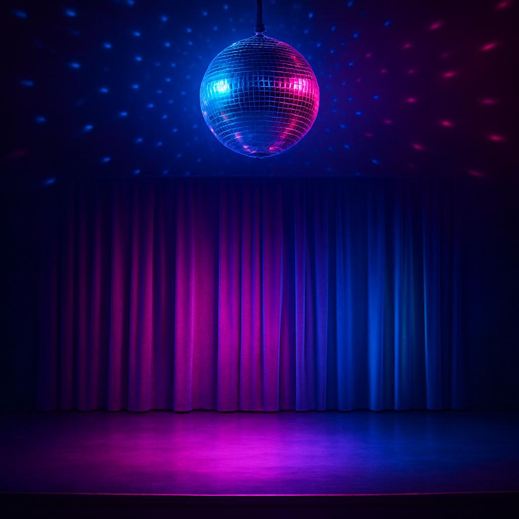 Glänzende Discokugel über Bühne symbolisch für 90er-Jahre-Boyband-Stimmung