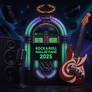 Symbolisches Motiv zur Rock & Roll Hall of Fame 2025: leuchtende Retro-Jukebox, schwebende Vinyls, Mikrofon und Speaker vor L.A.-Silhouette