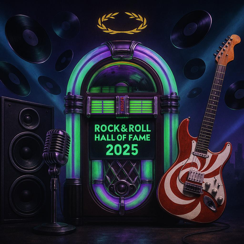 Symbolisches Motiv zur Rock & Roll Hall of Fame 2025: leuchtende Retro-Jukebox, schwebende Vinyls, Mikrofon und Speaker vor L.A.-Silhouette