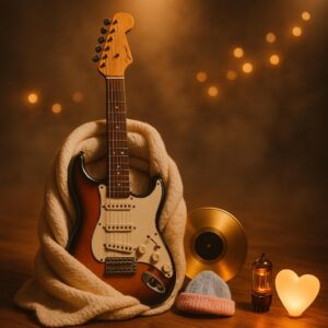 Symbolisches Stillleben mit eingehüllter E-Gitarre, Babydecke und Neugeborenenmütze – Jon Bon Jovi als Opa, Geburt von Blair Lucy Bongiovi