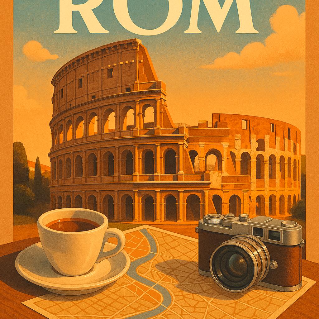 Illustration vom Kolosseum in Rom mit Symbolen wie Kamera und Espresso – Reisetipps für Rom