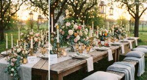Symbolbild romantisches Outdoor-Dinner mit Kerzen und Blumen