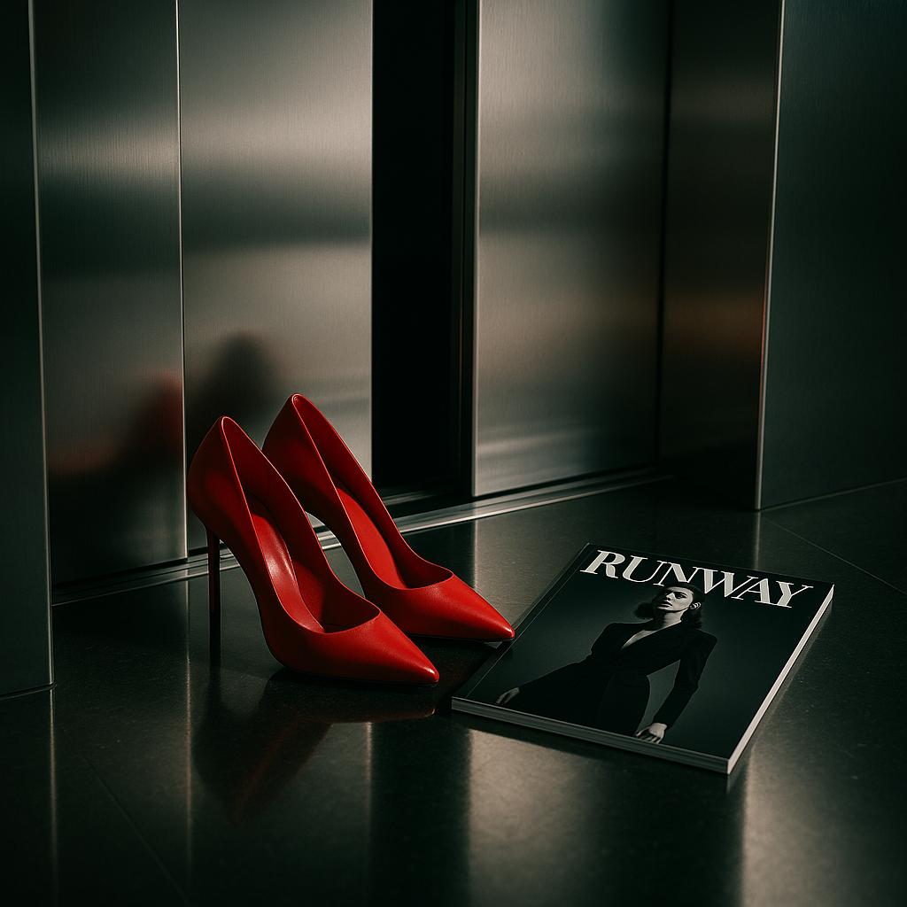 Rote High Heels vor einer Aufzugstür auf glänzendem Boden neben einem Magazin – Symbolbild zum Teaser von The Devil Wears Prada 2, ohne Personen