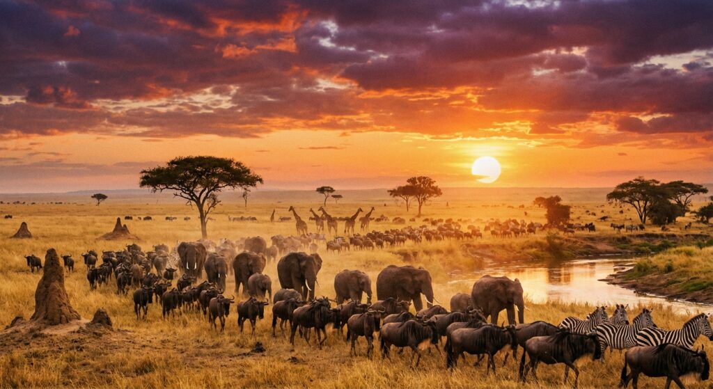 Afrikanische Safari mit Elefanten und Gnus bei Sonnenuntergang