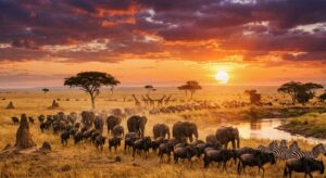 Afrikanische Safari mit Elefanten und Gnus bei Sonnenuntergang
