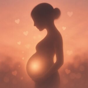 Symbolischer geschwungener Babybauch in sanftem rosa-goldenem Licht