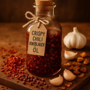 Crispy Chili Knoblauch Öl selbst gemacht auf Holzbrett mit Chiliflocken und Knoblauch - Rezept