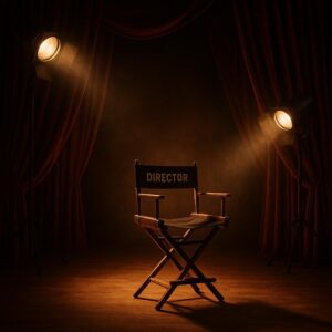 Leere Showbühne mit Regiestuhl als Symbol für Promi-News und TV-Dramen