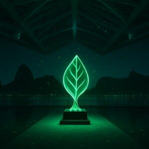 Symbolisches Bild zum Earthshot Prize 2025 in Rio de Janeiro: grüne Blatt-Trophäe auf grünem Teppich vor futuristischer Museumskulisse, ohne Personen