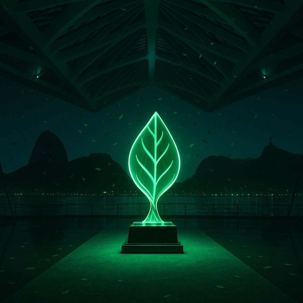 Symbolisches Bild zum Earthshot Prize 2025 in Rio de Janeiro: grüne Blatt-Trophäe auf grünem Teppich vor futuristischer Museumskulisse, ohne Personen