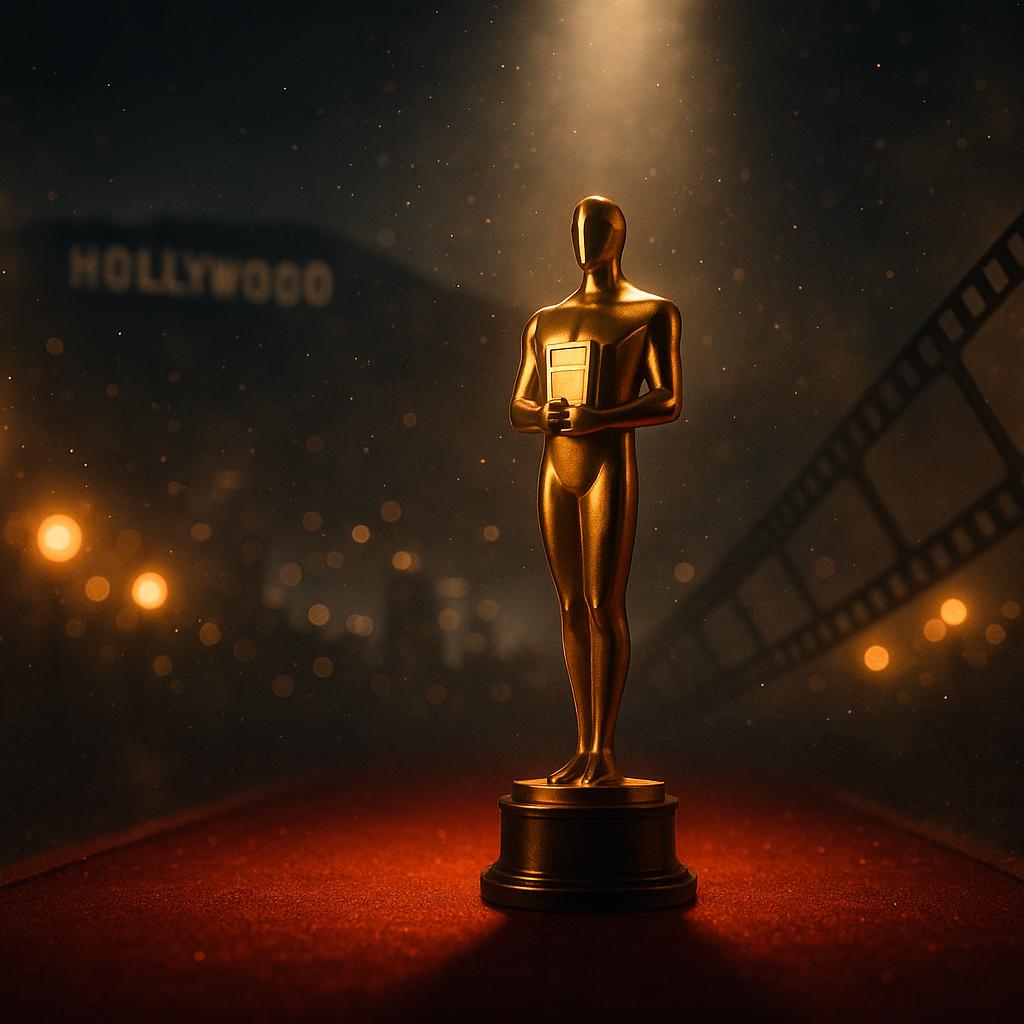 Symbolisches Bild zur Governors Awards 2025: goldene Film-Trophäe im Lichtkegel auf rotem Teppich vor Hollywood-Skyline, ohne Personen oder Logos