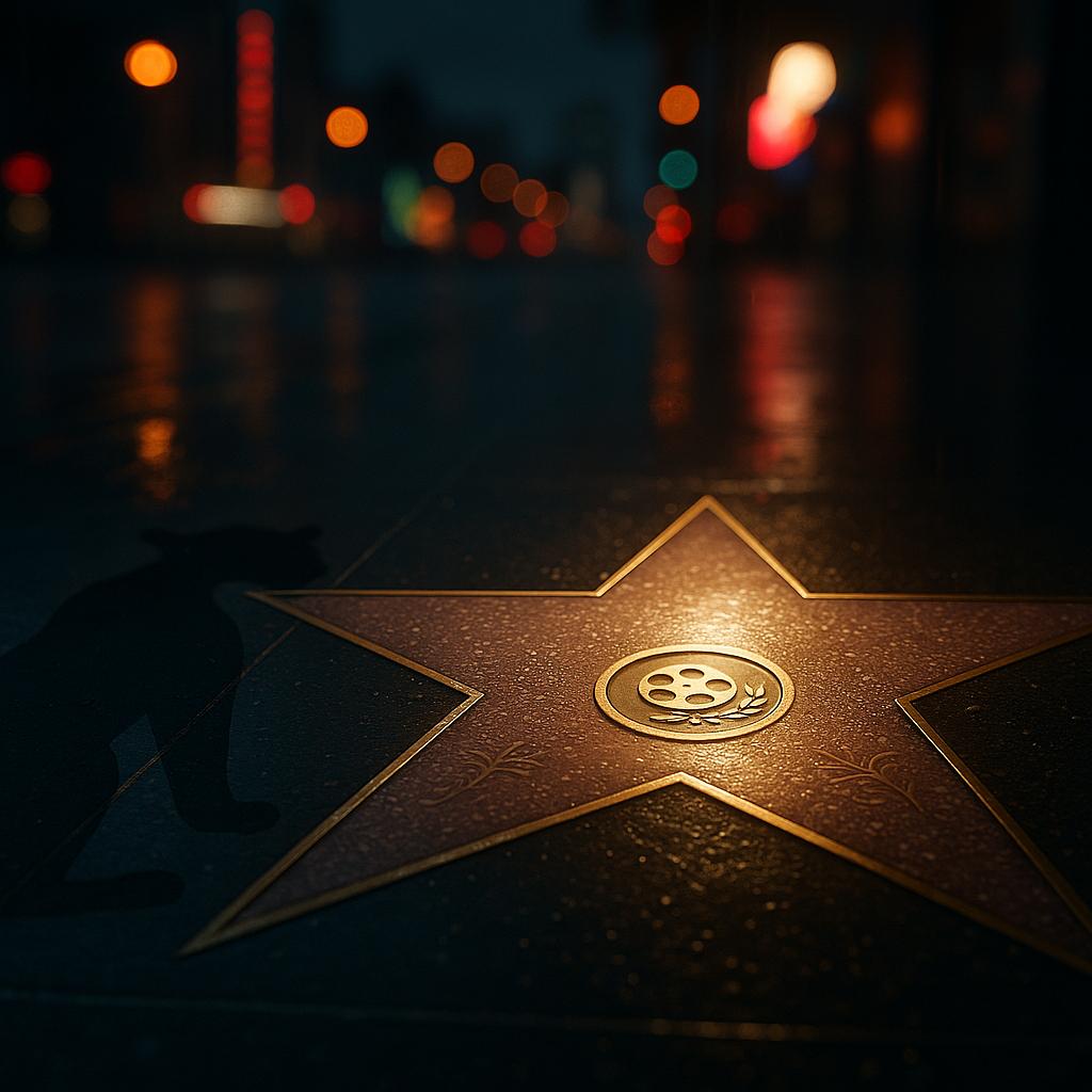 Symbolisches Foto eines Hollywood Walk of Fame Sterns mit Panther‑Schatten, Spotlight und Neon‑Bokeh – News vom 13. November 2025 zu Chadwick Bosemans Ehrung