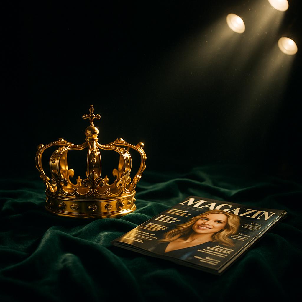 Goldene Krone auf grünem Samt mit Magazin-Silhouette – Symbolbild zur Wahl von Jonathan Bailey zum Sexiest Man Alive 2025