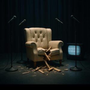 Metaphorisches Bild eines zerbrochenen TV-Stuhls auf Bühne, symbolisch für Trennung im Reality-TV