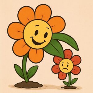 Illustration einer riesigen Blume, die eine kleinere Blume fast erdrückt – metaphorisches Bild für unangenehm wirkende Freundlichkeit