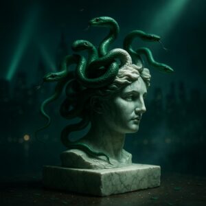 Symbolbild ohne Menschen: Schlangenkrone auf marmornen Podest, versteinert wirkend vor nächtlicher Skyline – Heidi Klum Halloween 2025 Medusa Kostüm