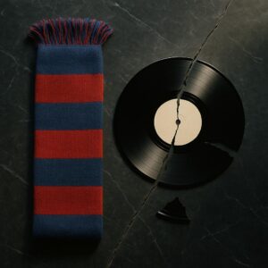 Symbolisches Bild einer Promi-Trennung zwischen Fußball und Musik: blau-roter Schal und gebrochene Vinylplatte getrennt durch eine Risslinie, ohne Personen und ohne Logos