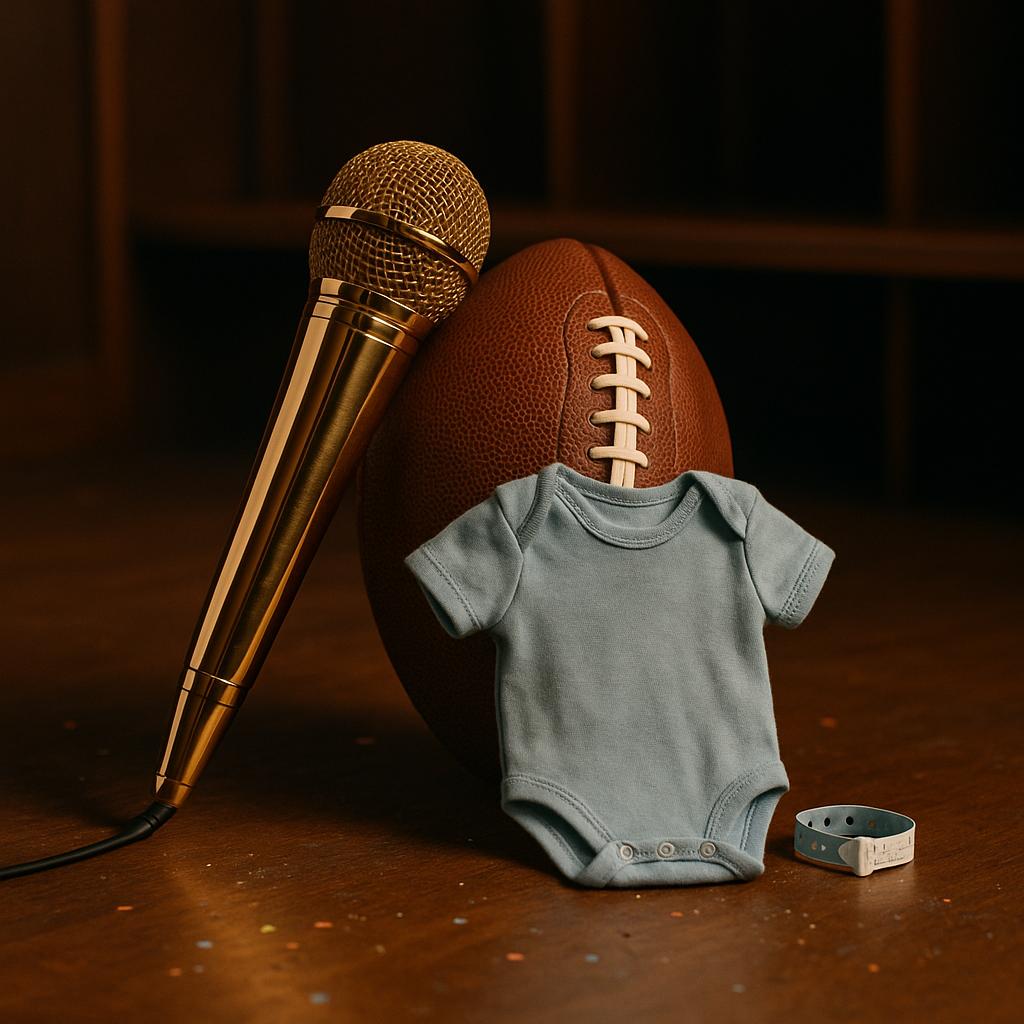 Symbolisches Bild zur Geburt von Cardi Bs Sohn mit Stefon Diggs: goldenes Mikrofon, Football und Baby-Strampler in Umkleidekabine, keine Personen