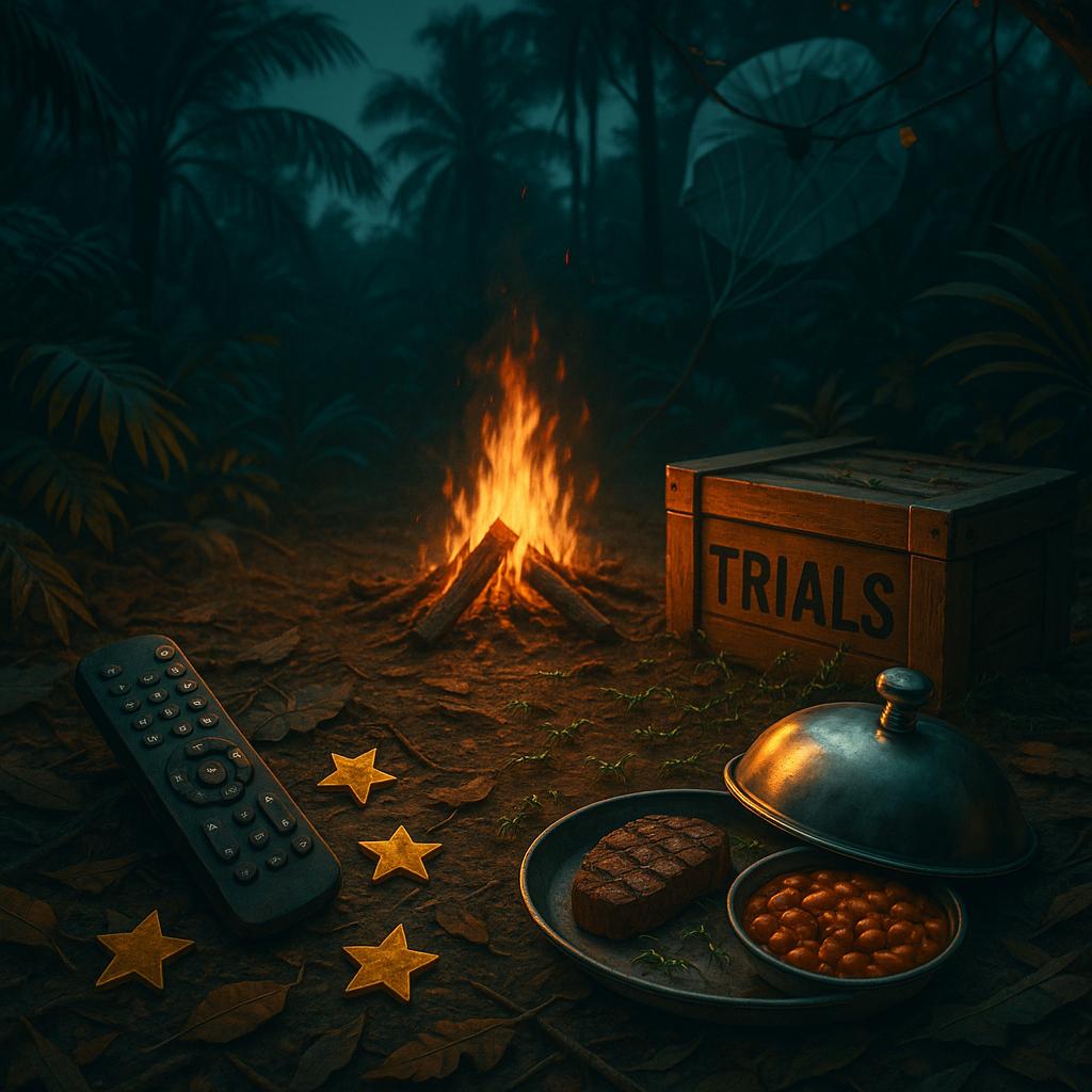 Symbolbild zum Start von I’m a Celebrity 2025: Lagerfeuer im Dschungel, TV-Fernbedienung im Laub, goldene Sterne, Fallschirm in den Ästen und Schüssel mit Bohnen neben Steak unter einer Glocke – ohne Personen, SEO-optimiert