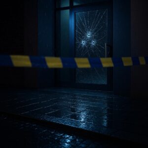 Symbolisches Bild: Glastür mit Einschusslöchern, Polizeiabsperrband und nasser Gehweg in Berlin-Schöneberg – aktuelles Update zu Shirin David