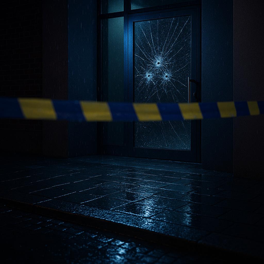 Symbolisches Bild: Glastür mit Einschusslöchern, Polizeiabsperrband und nasser Gehweg in Berlin-Schöneberg – aktuelles Update zu Shirin David