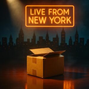 Symbolisches Bild: Braunes Paket auf Bühnenboden im Scheinwerferlicht vor stilisierter New‑York‑Skyline – Anspielung auf eine Late‑Night‑Show ohne Personen