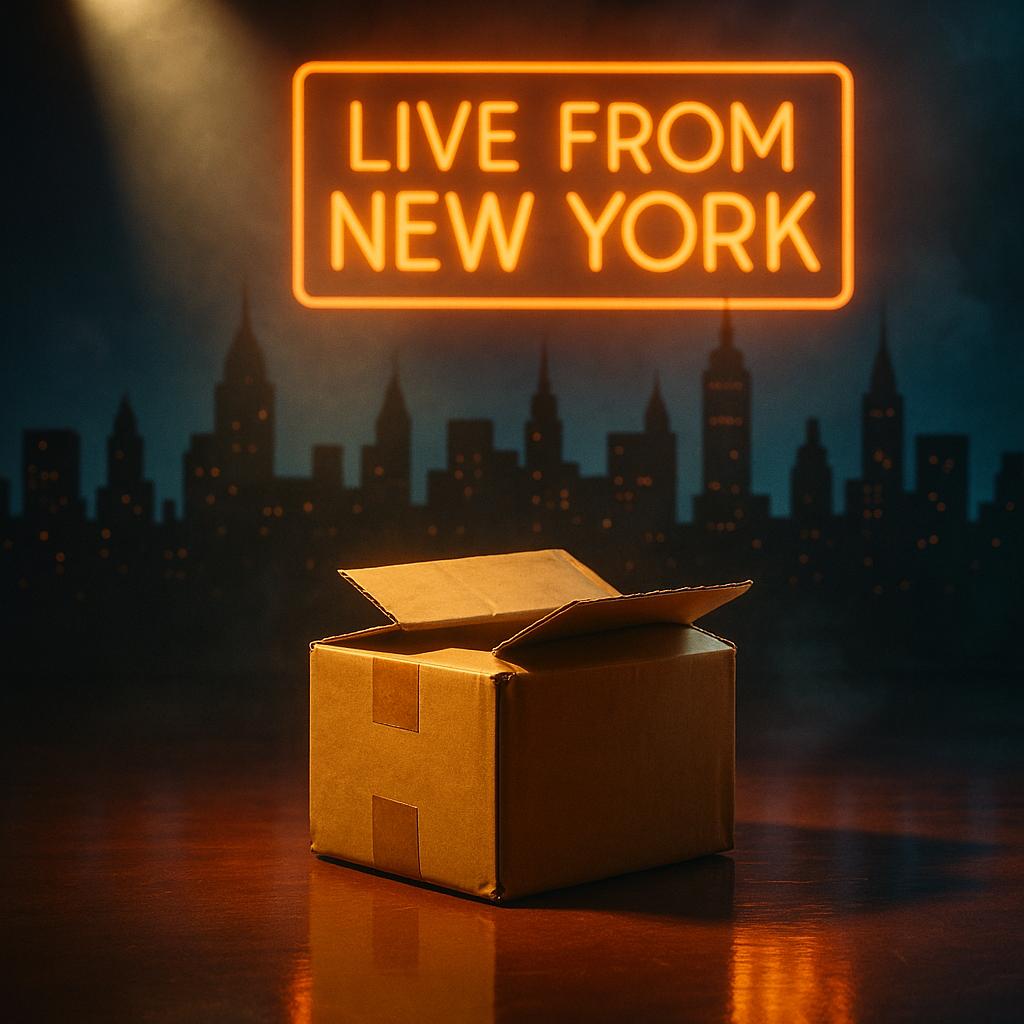 Symbolisches Bild: Braunes Paket auf Bühnenboden im Scheinwerferlicht vor stilisierter New‑York‑Skyline – Anspielung auf eine Late‑Night‑Show ohne Personen