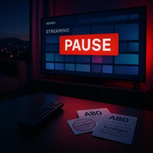 Symbolbild ohne Personen: TV-Fernbedienung, generische Streaming-Kacheln mit Pause-Hinweis und gekündigten Abokarten – Anspielung auf Jennifer Anistons Reaktion auf die Jimmy-Kimmel-Suspendierung