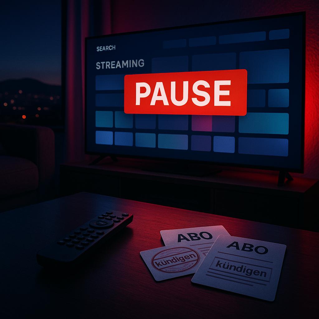 Symbolbild ohne Personen: TV-Fernbedienung, generische Streaming-Kacheln mit Pause-Hinweis und gekündigten Abokarten – Anspielung auf Jennifer Anistons Reaktion auf die Jimmy-Kimmel-Suspendierung