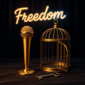 Symbolisches Bild: Goldenes Mikrofon in geöffnetem gläsernen Käfig mit Schlüssel – Thema Wendy Williams, Demenz-Diagnose zurückgenommen, mögliche Aufhebung der Vormundschaft