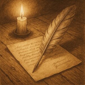 Symbolischer Brief mit Feder auf altem Pergament bei Kerzenlicht – symbolisiert herzliche Botschaft über Generationen hinweg