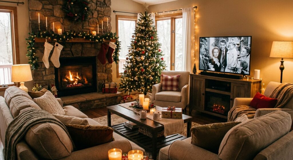 Gemütliches Wohnzimmer mit Weihnachtsdekoration, Kamin und TV