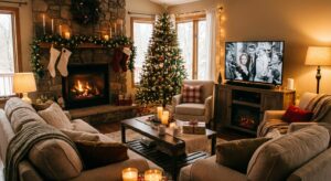 Gemütliches Wohnzimmer mit Weihnachtsdekoration, Kamin und TV