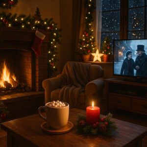 Wohnzimmer mit Weihnachtsdeko, Kamin und Weihnachtsfilm im Fernsehen