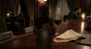 Symbolbild: einsames Weinglas in Hotelbar mit Schatten – mysteriöse Stimmung