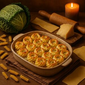 Herzhafter Wirsing-Hackfleisch-Auflauf mit cremiger Käsesauce in winterlicher Stimmung