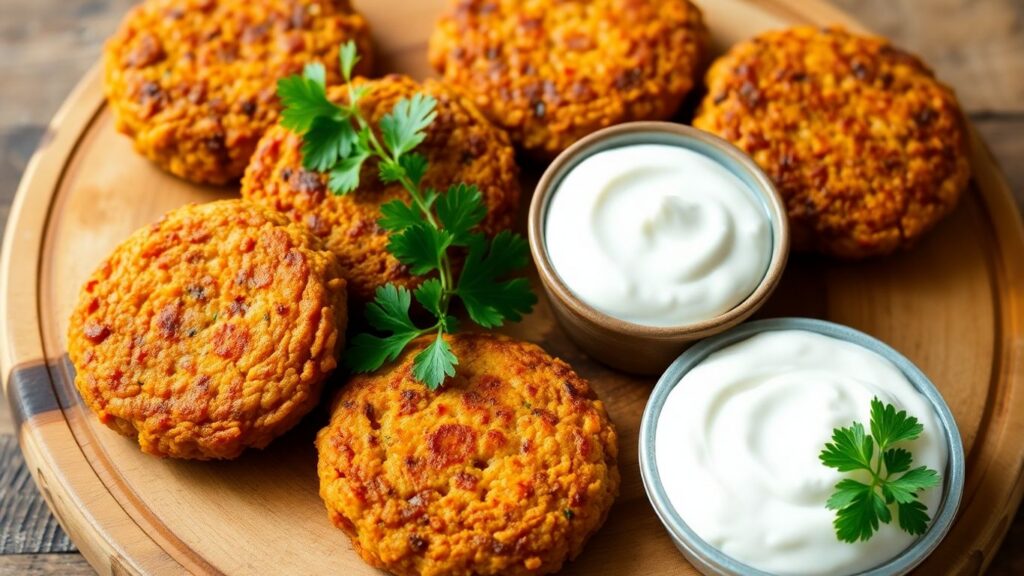 Vegane Möhren-Bulgur-Bratlinge mit frischer Petersilie und Dip.