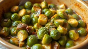 Kohlsprossenauflauf im Ofen, dampfend und goldbraun gebacken.