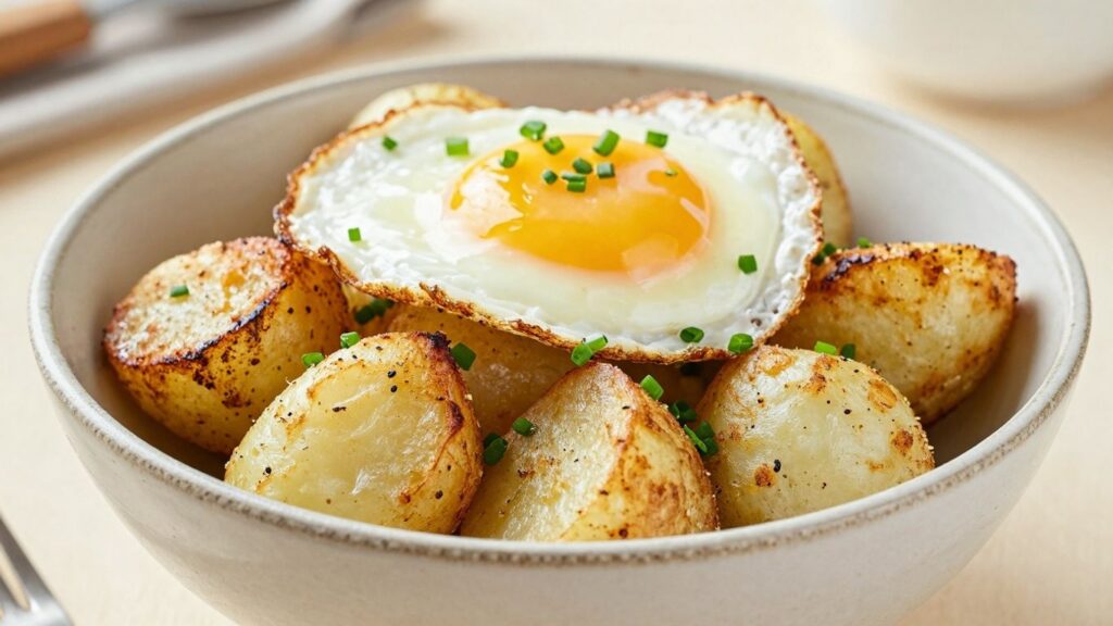 Geröstete Knödel mit Spiegelei und Schnittlauch