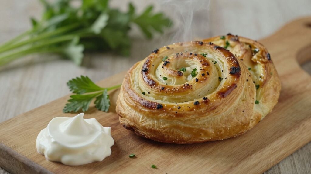 Kartoffelstrudel auf Holztisch mit Kräutern und Sahne