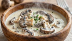 Cremiges Pilzragout mit frischen Kräutern in einer Schüssel.