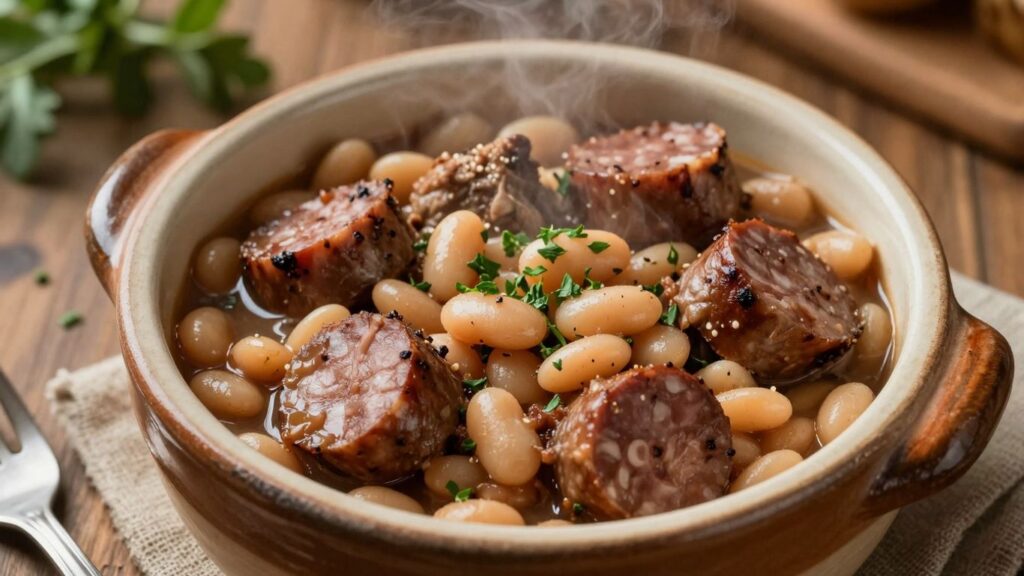 Herzhafter Cassoulet Eintopf in Tontopf mit Bohnen und Fleisch.