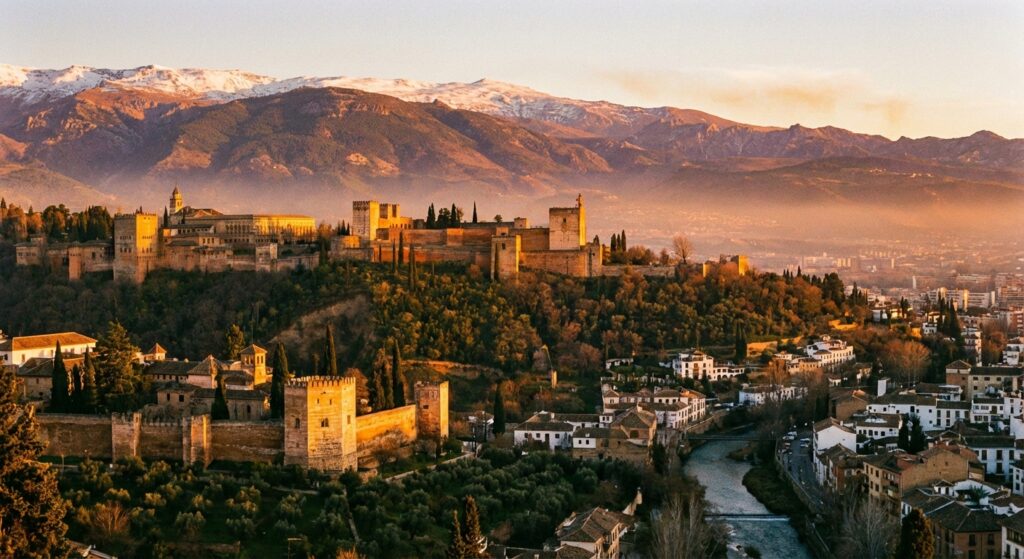 Alhambra vor der Kulisse der Sierra Nevada bei Sonnenuntergang
