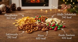 Bunter Mix aus Christmas Crunch Zutaten auf rustikalem Tisch, weihnachtlich dekoriert, SEO-optimiert