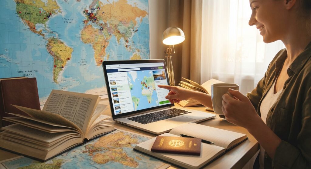 Person vor Laptop mit Reiseführern und Weltkarte