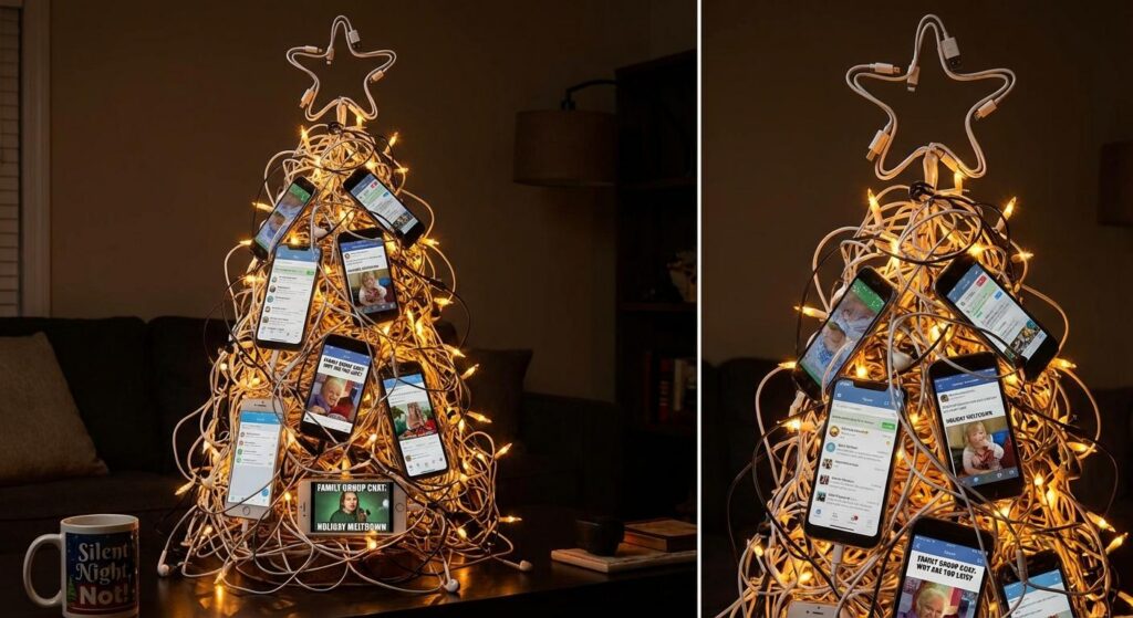 Symbolischer Weihnachtsbaum aus Kabeln und Smartphones – digitale Promi-Drama-Stimmung