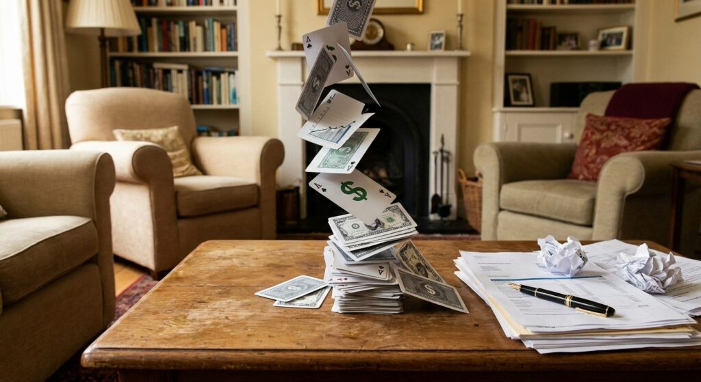 Ein umgestürzter Kartenstapel symbolisiert finanzielle Instabilität neben einem Schreibstift und Papier in einem gemütlichen Wohnzimmer.