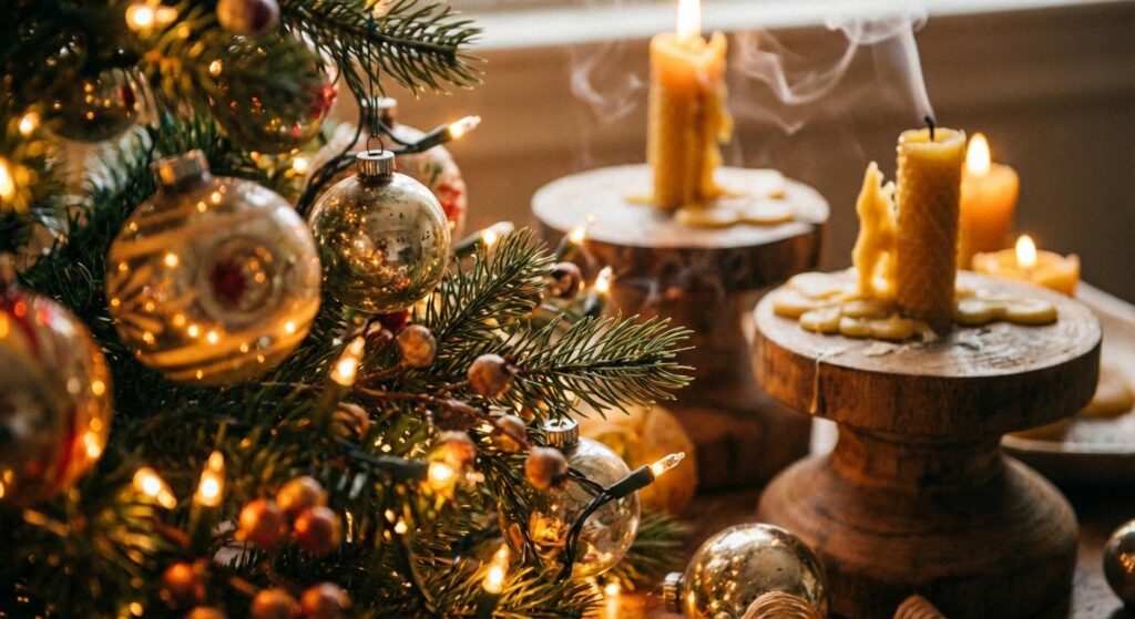 Weihnachtslichter und Kerzen am Weihnachtsbaum symbolisch für festliche Stimmung